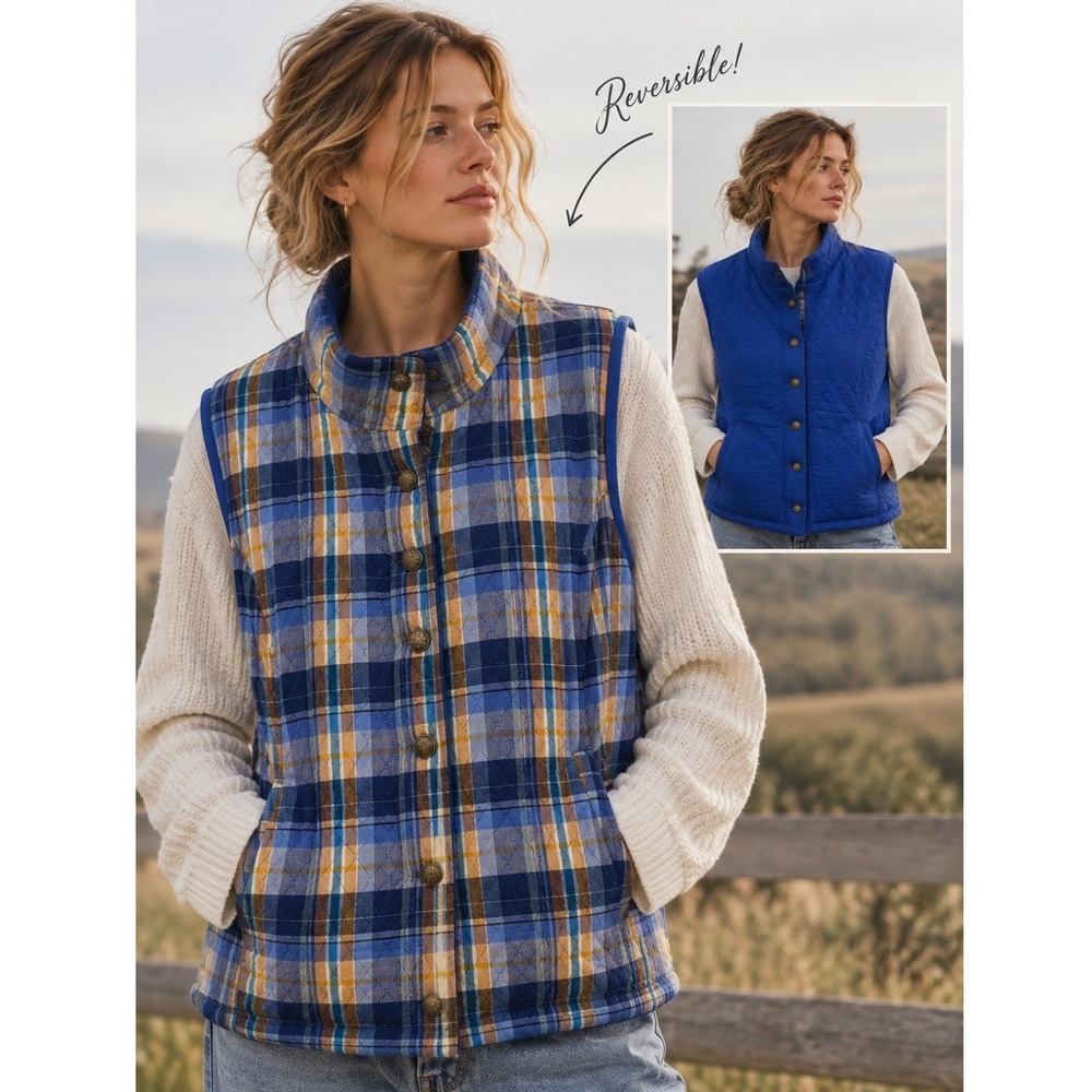 Quilted Reversible Vest Womens L Blue Plaid Grandmacore Eclectic Country Vintage
